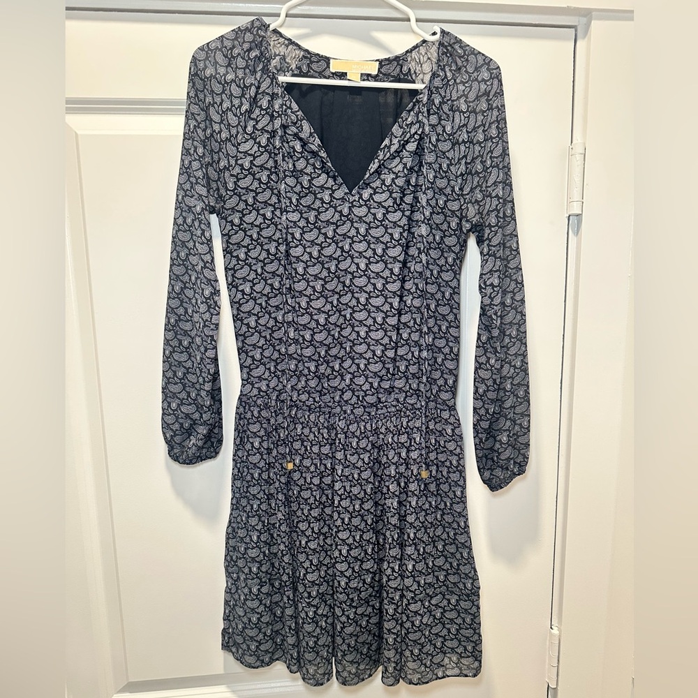 MICHAEL Michael Kors Navy Paisley Fit& Flare Long Sleeve Dress - Fits like a S